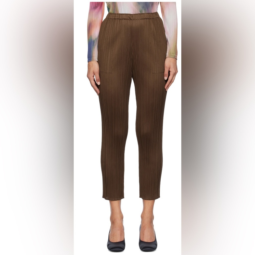 New Pleats Please Issey Miyake Cropped Pants Trousers made in Japan brown sz 2